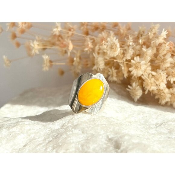 Butterscotch Natural Amber Modernist  XL 925 Sterling Silver Vintage Ring - sz 7 - Picture 8 of 11
